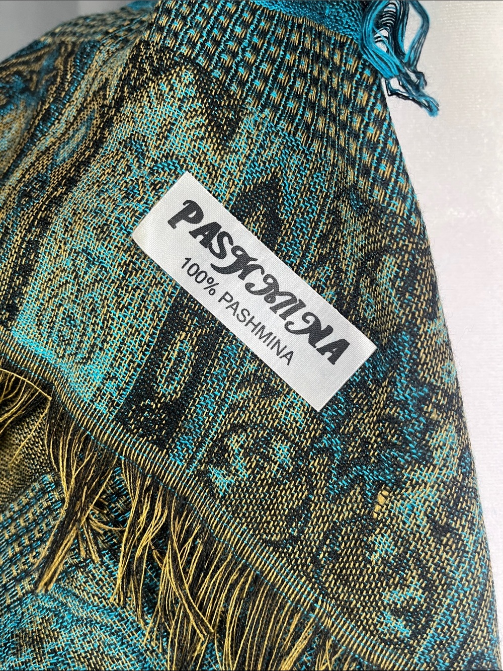 pashmina Teal and Olive Paisley Fringe Wrap - Picture 4 of 4